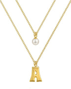 Layered Initial Letter Necklace with Pearl Charm