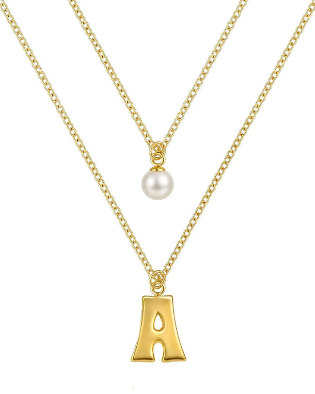 Layered Initial Letter Necklace with Pearl Charm Hover Image