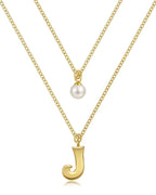 Layered Initial Letter Necklace with Pearl Charm