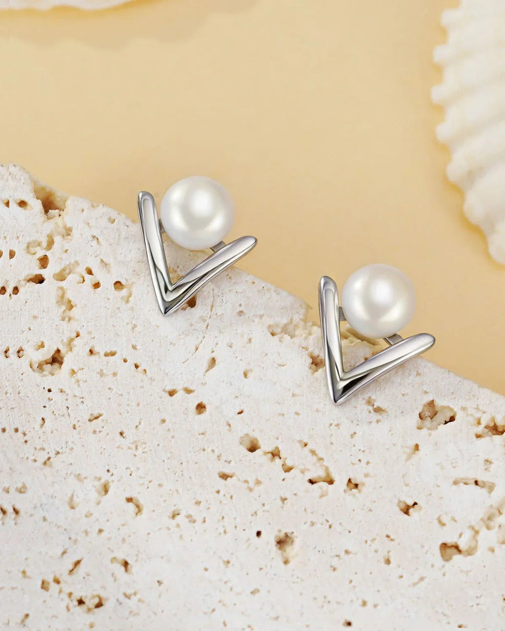 Modern V-Shape Pearl Stud Earrings