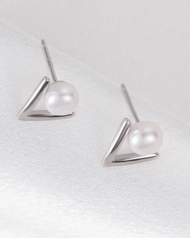 Modern V-Shape Pearl Stud Earrings Main Image