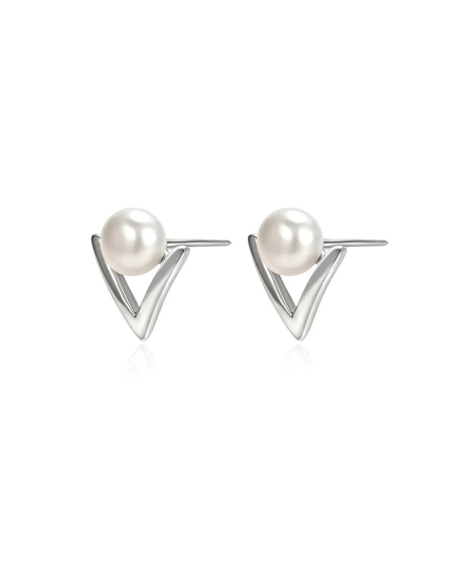 Modern V-Shape Pearl Stud Earrings Hover Image