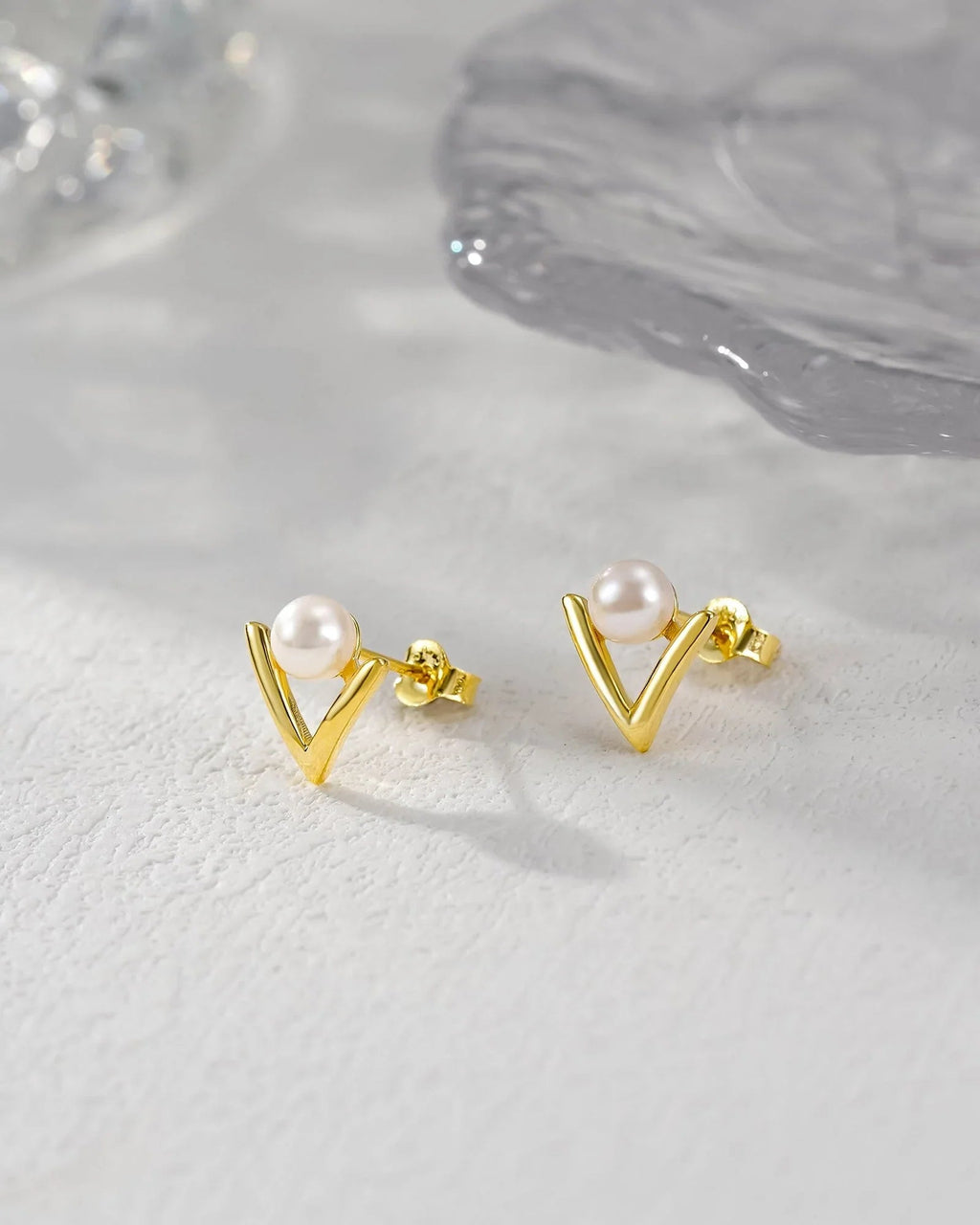 Modern V-Shape Pearl Stud Earrings