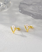 Modern V-Shape Pearl Stud Earrings