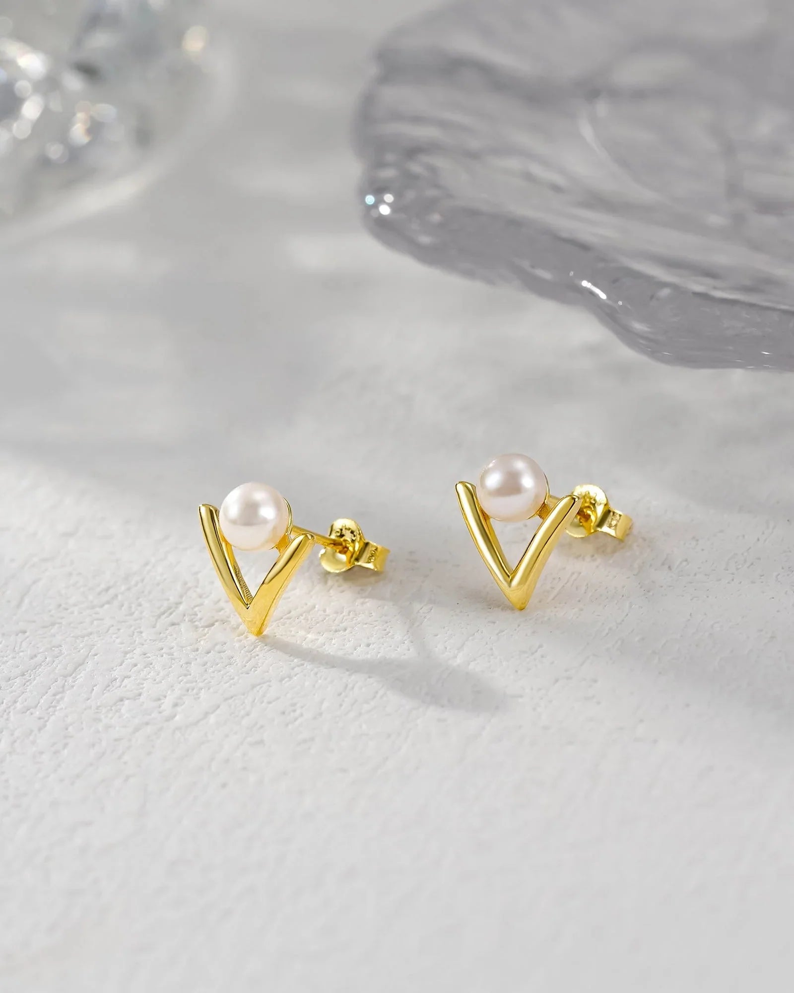 Modern V-Shape Pearl Stud Earrings