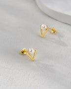 Modern V-Shape Pearl Stud Earrings