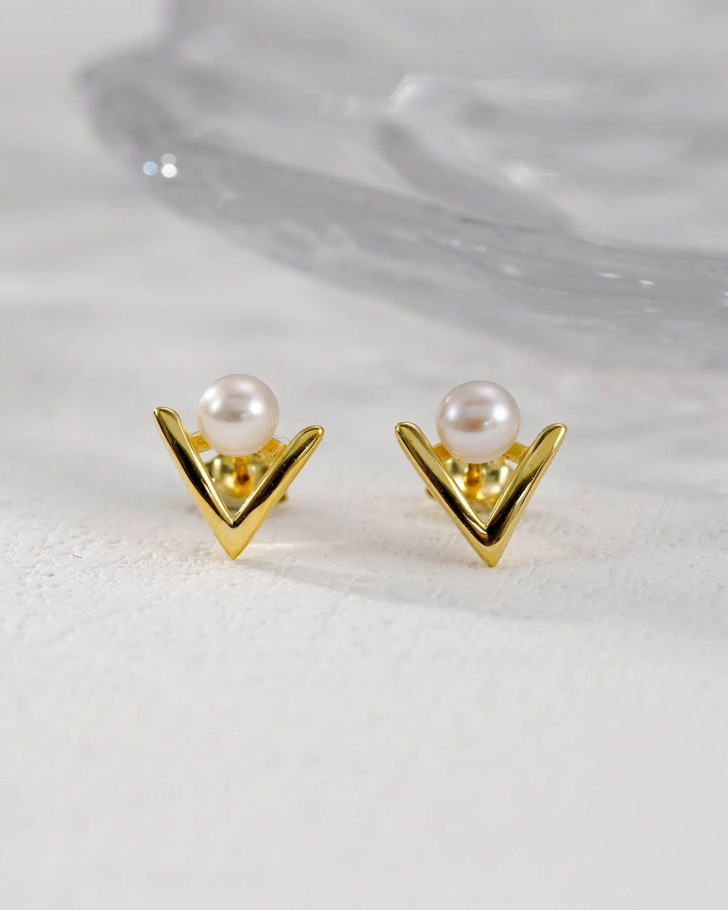 Modern V-Shape Pearl Stud Earrings