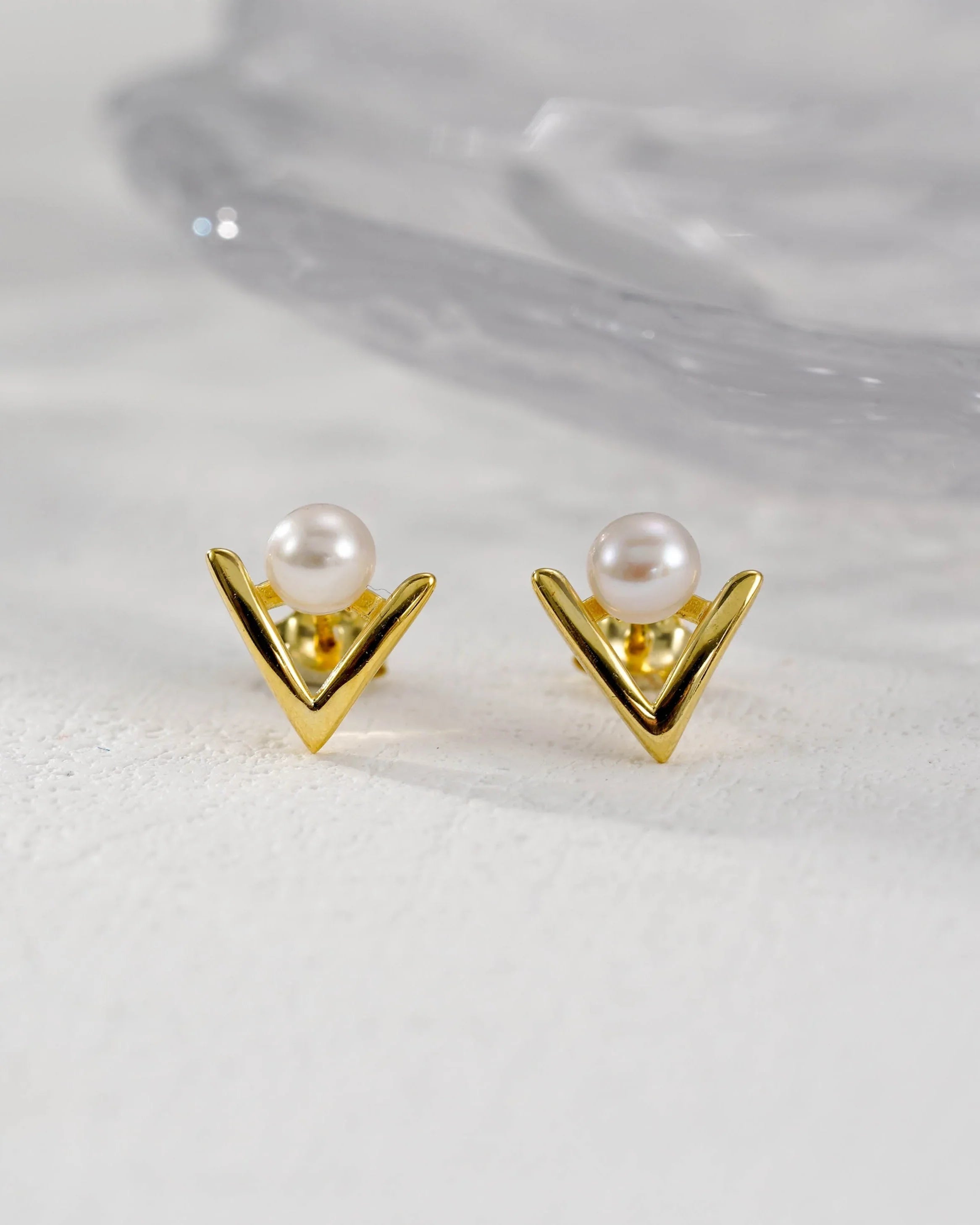 Modern V-Shape Pearl Stud Earrings