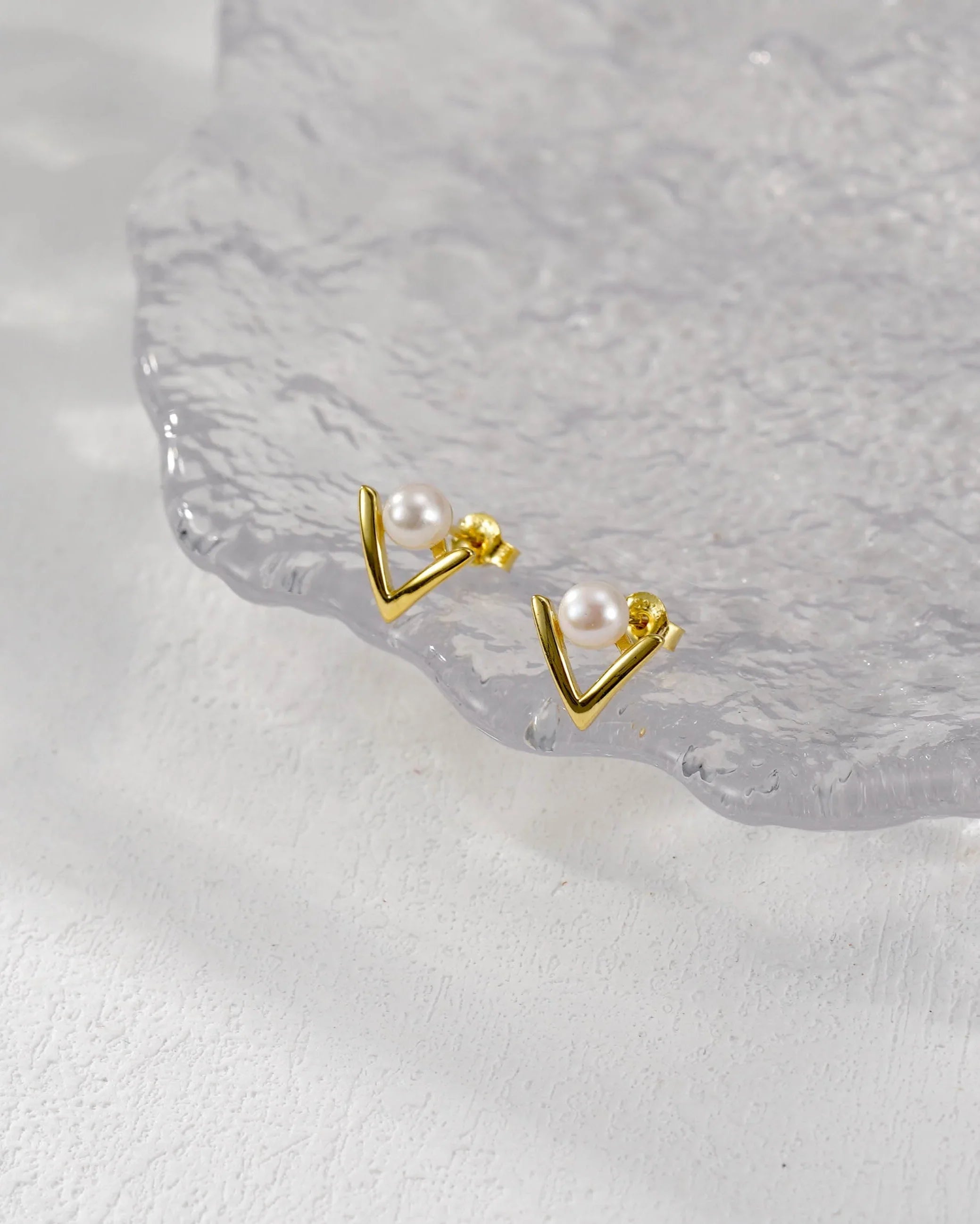 Modern V-Shape Pearl Stud Earrings