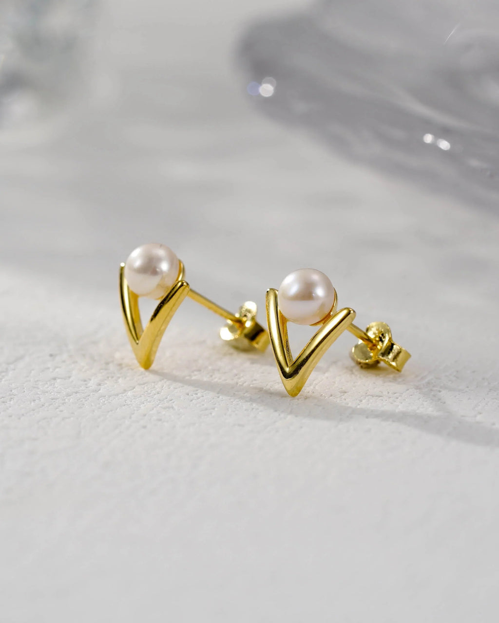 Modern V-Shape Pearl Stud Earrings