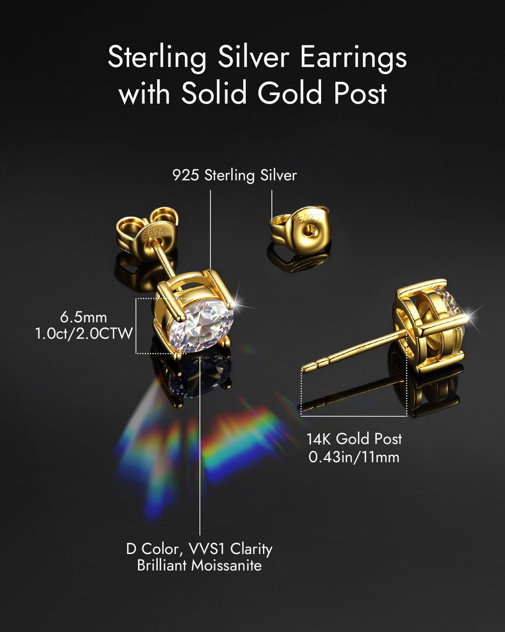 Moissanite Stud Earrings with 14K Solid Gold Posts