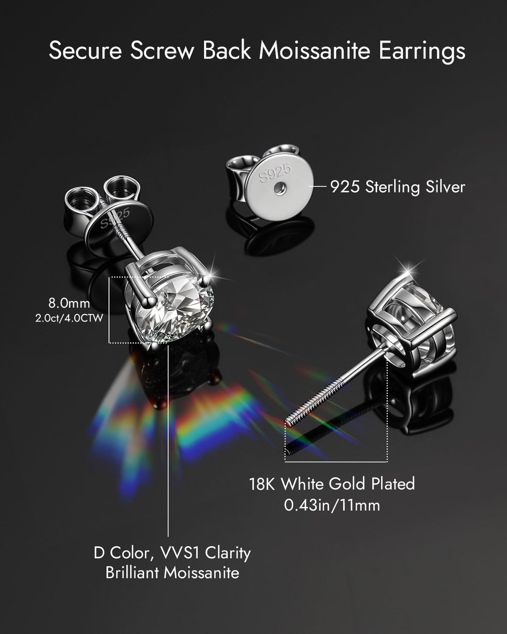 Moissanite Stud Earrings with Screw Back