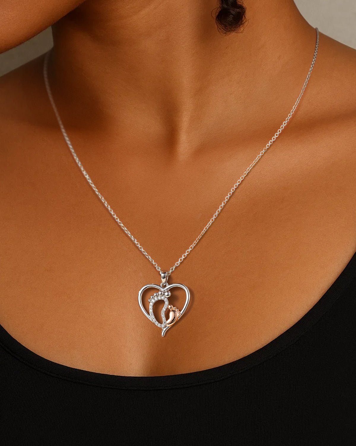 Mother and Baby Footprint Heart Necklace – New Mom Jewelry Gift