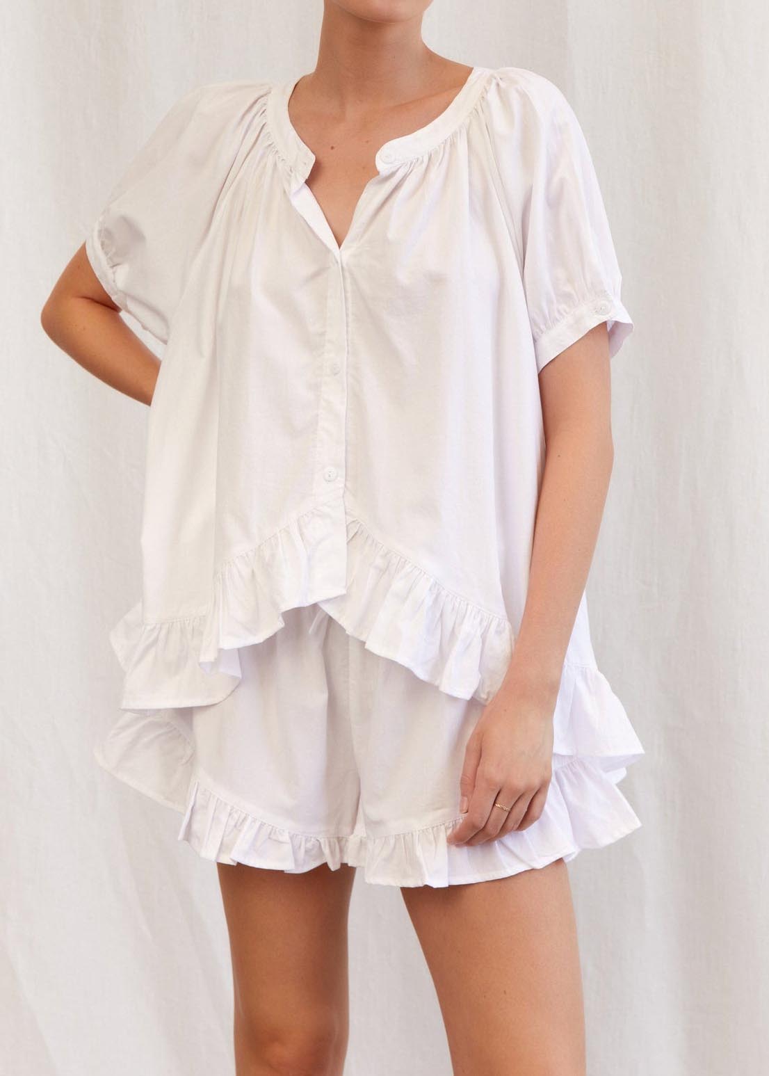 Solid color ruffled loose short sleeve shorts suit