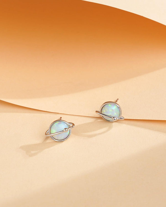 Round White Gold Opal Stud Earrings Main Image