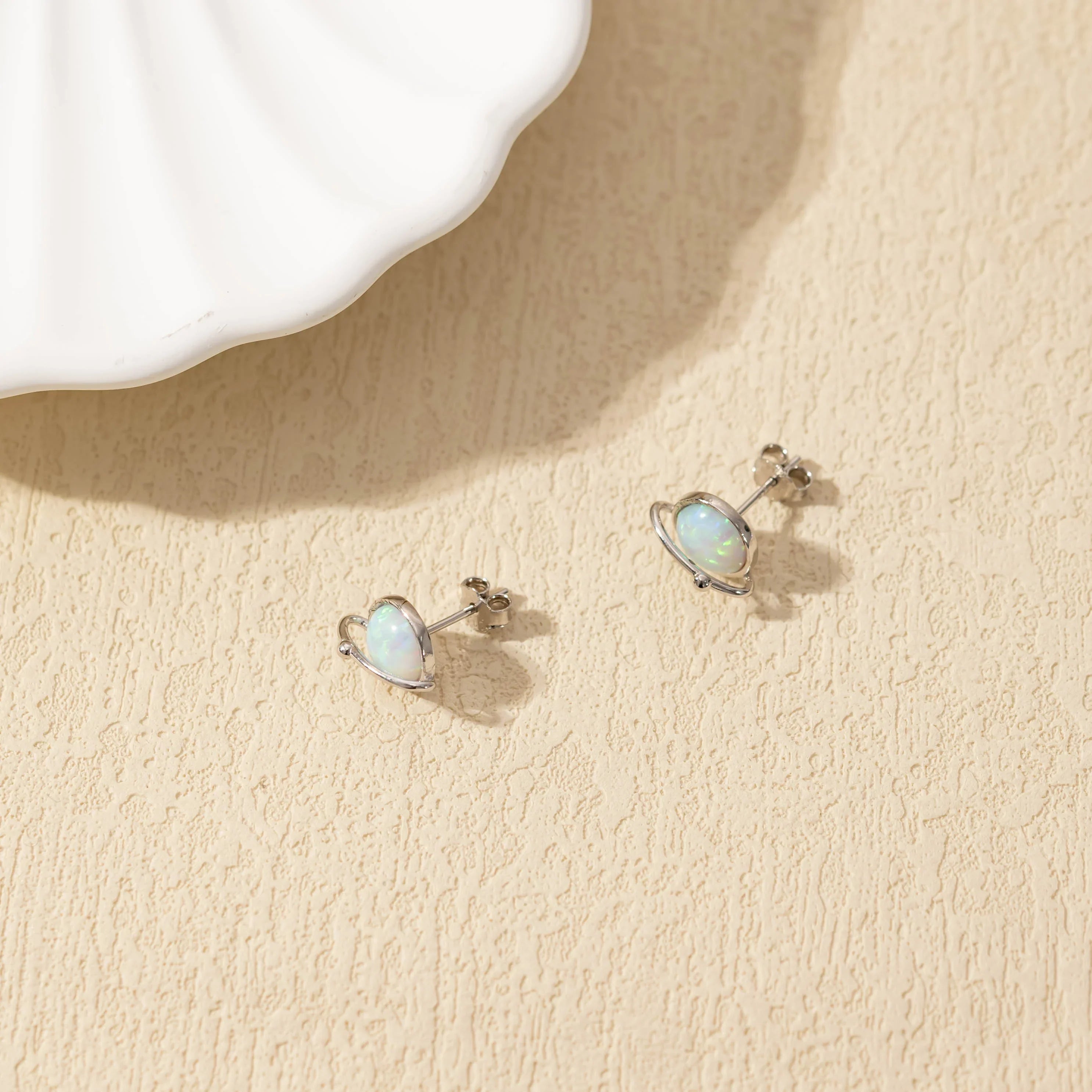 Round White Gold Opal Stud Earrings