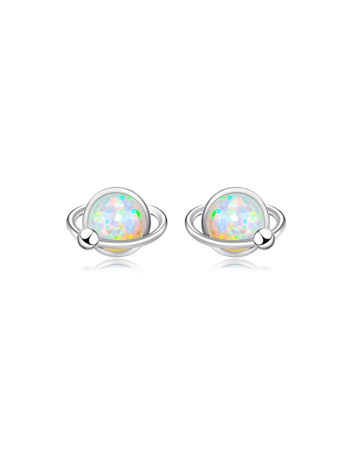 Round White Gold Opal Stud Earrings