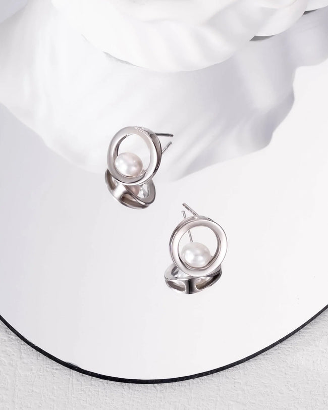 Silver Pearl Stud Earrings for Women Main Image