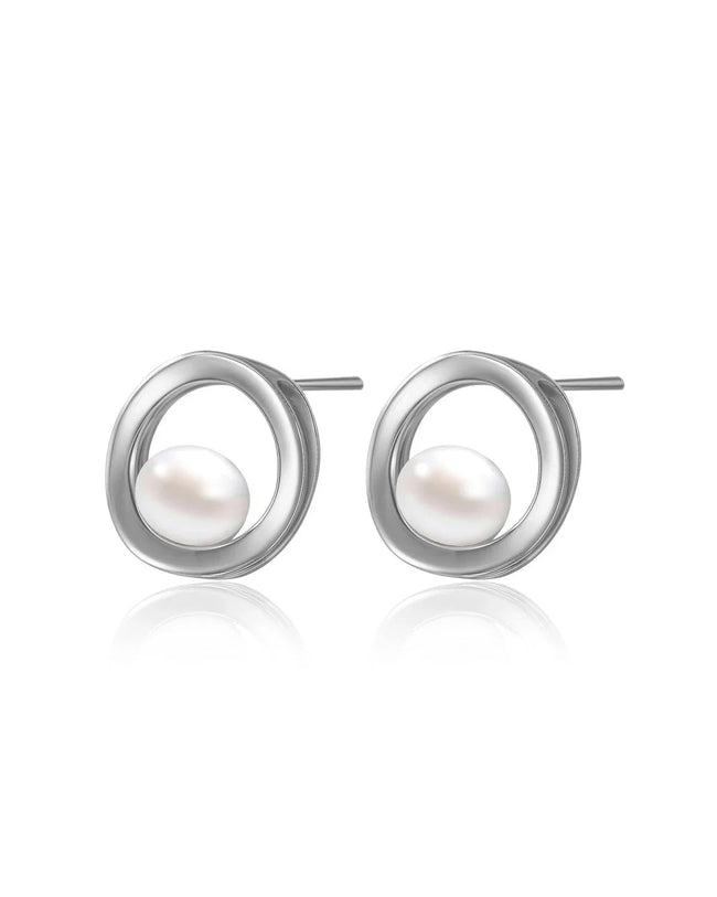 Silver Pearl Stud Earrings for Women Hover Image