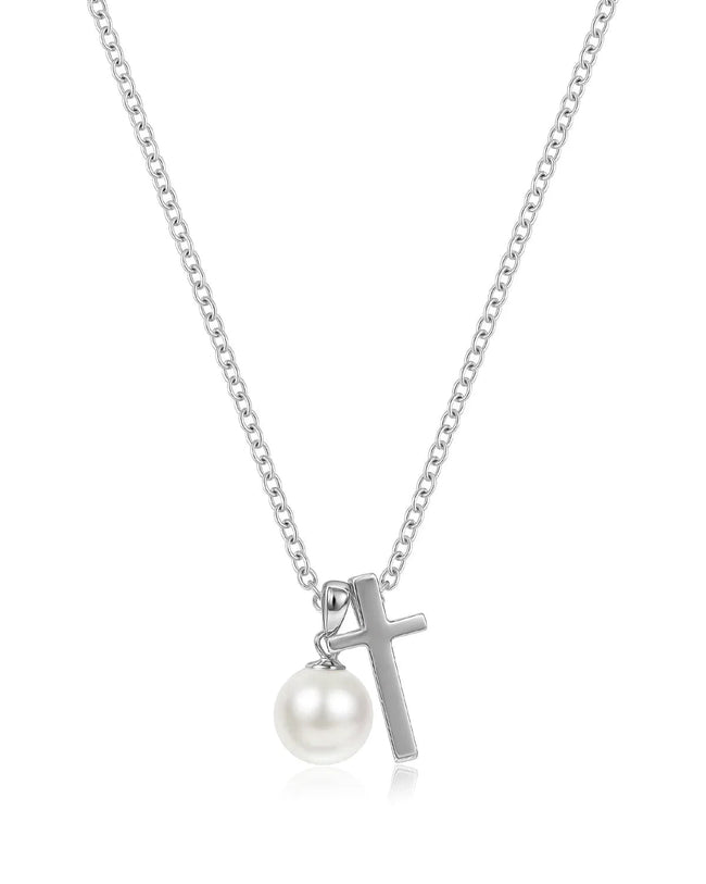 Sterling Silver Cross and Pearl Necklace Hover Image