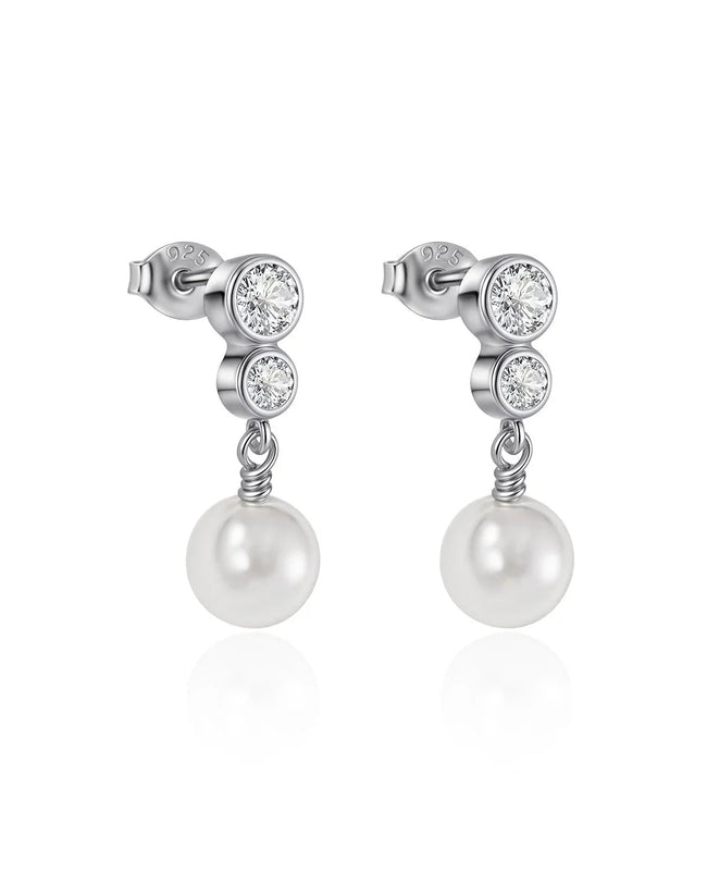 Sterling Silver Pearl Drop Earrings with Cubic Zirconia Hover Image