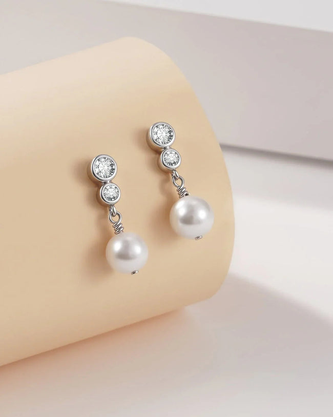Sterling Silver Pearl Drop Earrings with Cubic Zirconia Main Image