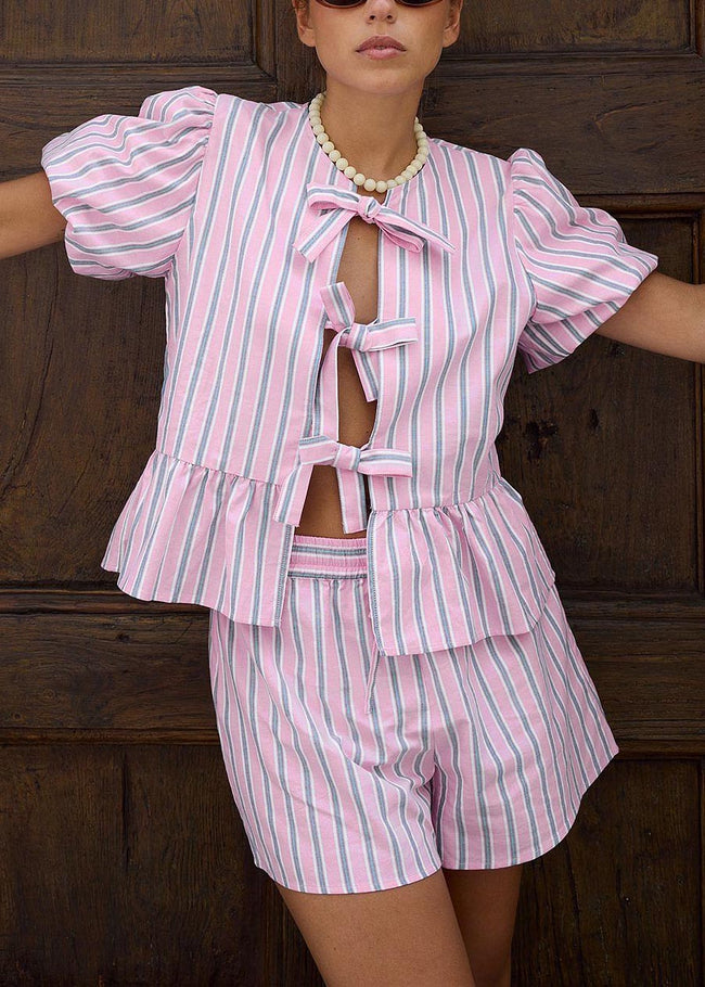 Striped drawstring short-sleeved shorts set Hover Image