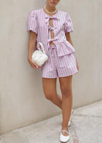 Striped drawstring short-sleeved shorts set