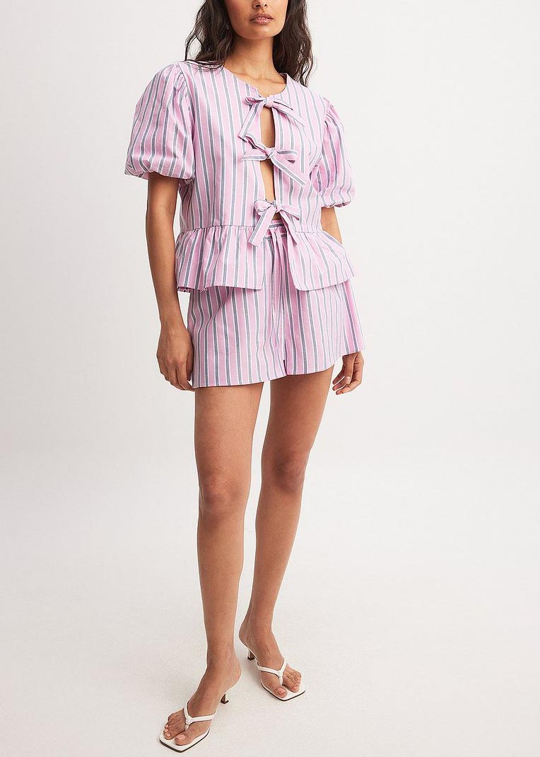 Striped drawstring short-sleeved shorts set