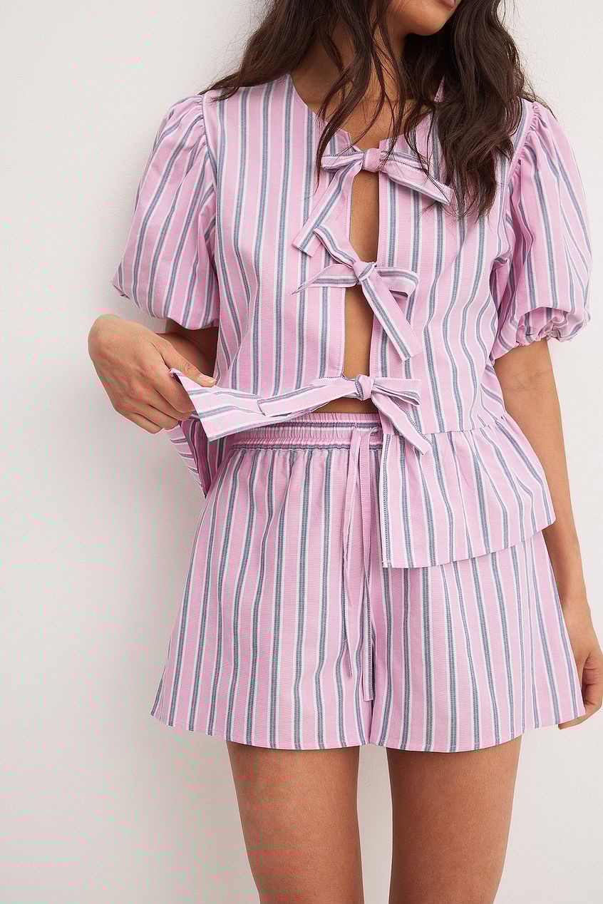 Striped drawstring short-sleeved shorts set