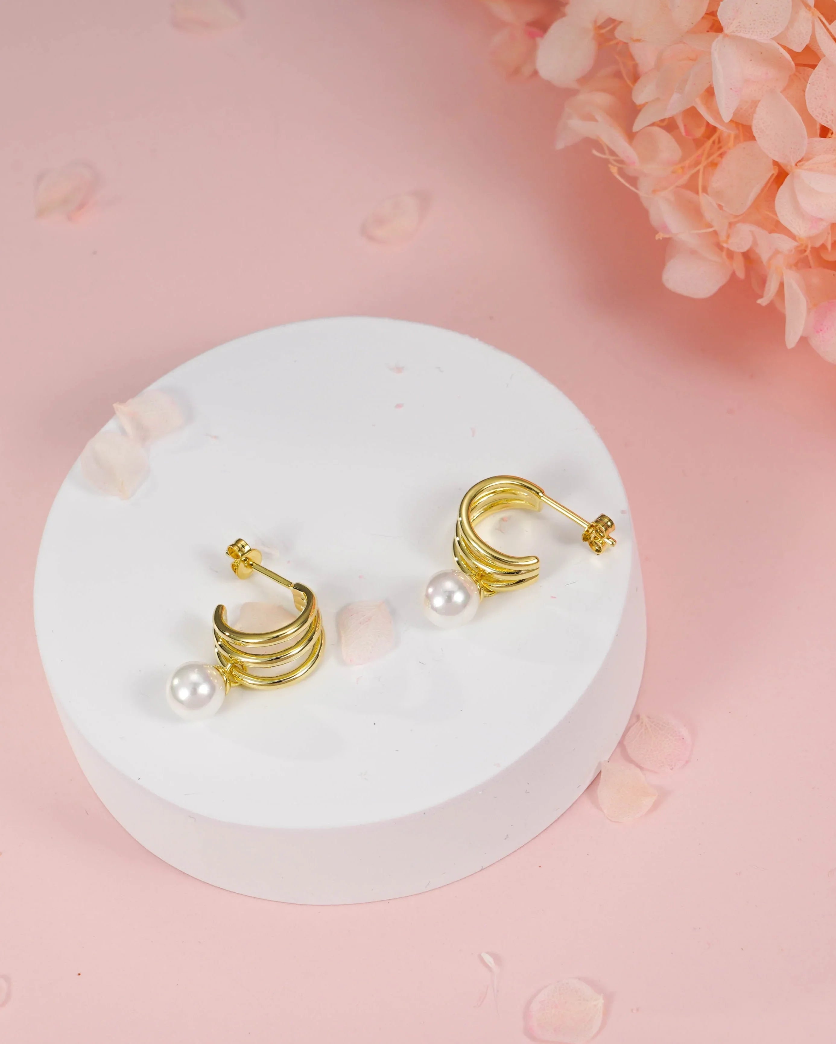 Triple Hoop Pearl Earrings