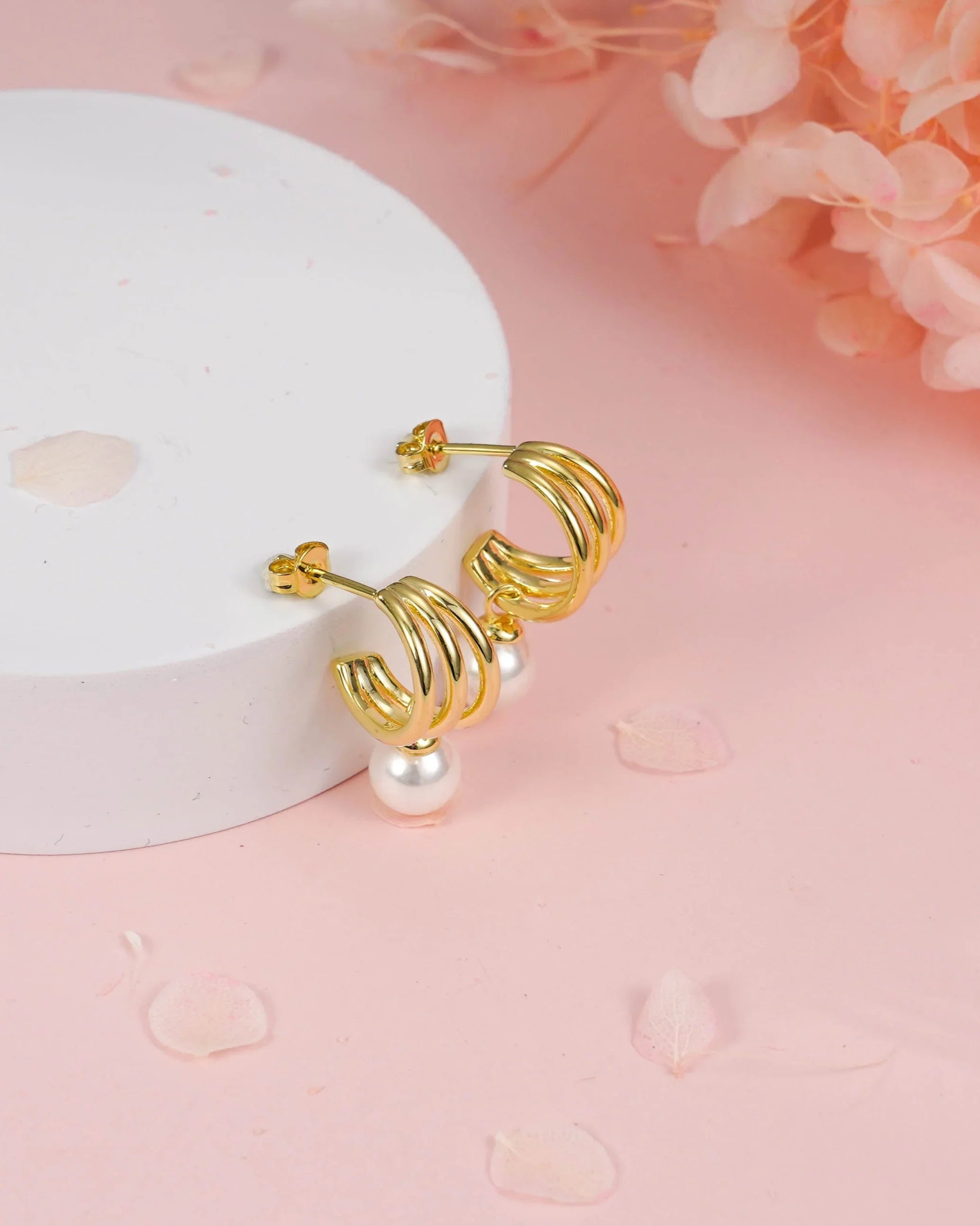 Triple Hoop Pearl Earrings