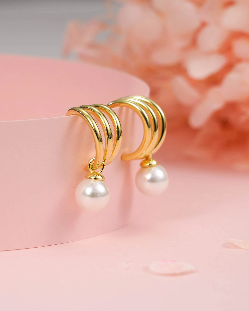 Triple Hoop Pearl Earrings